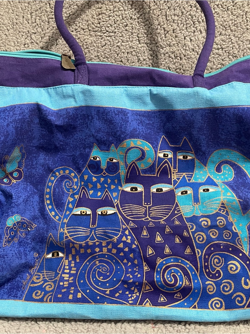Laurel Burch Blue, Purple & Teal Cat Tote Set with Matching Pouches
